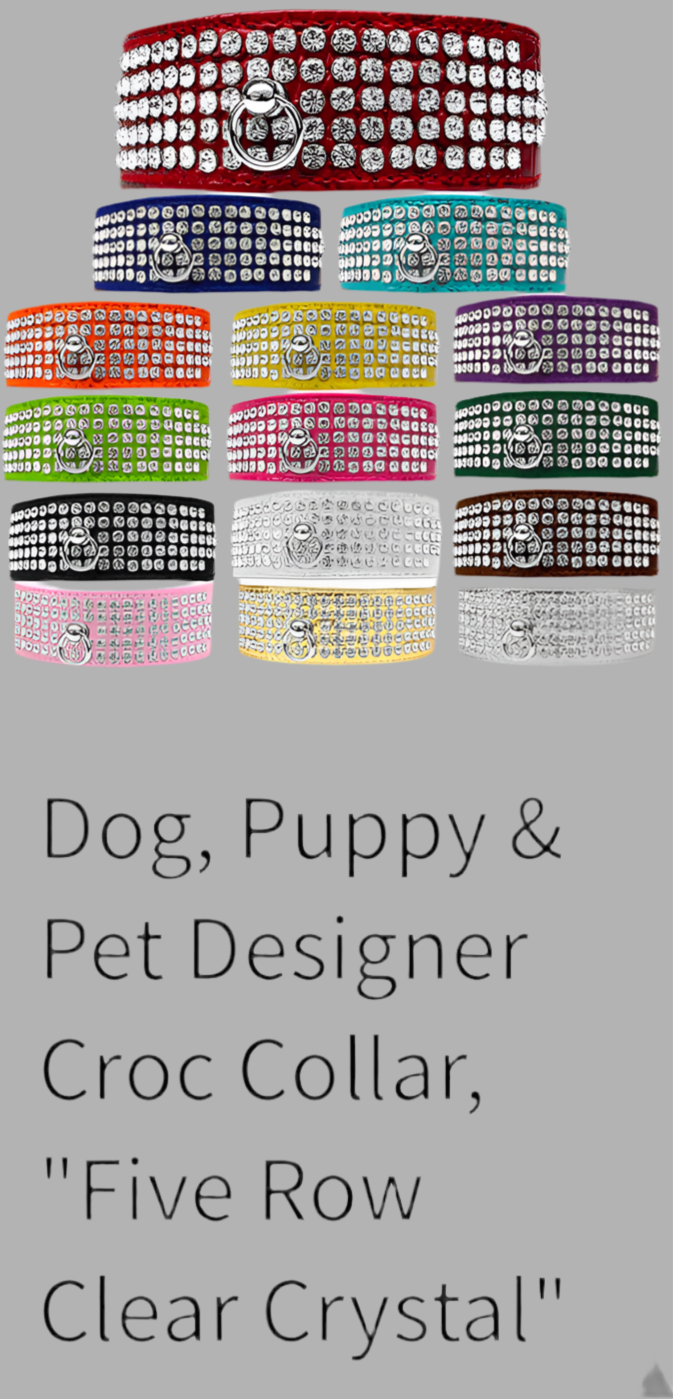 Dog, Puppy & Pet Designer Croc Collar, "Five Row Clear Crystal",