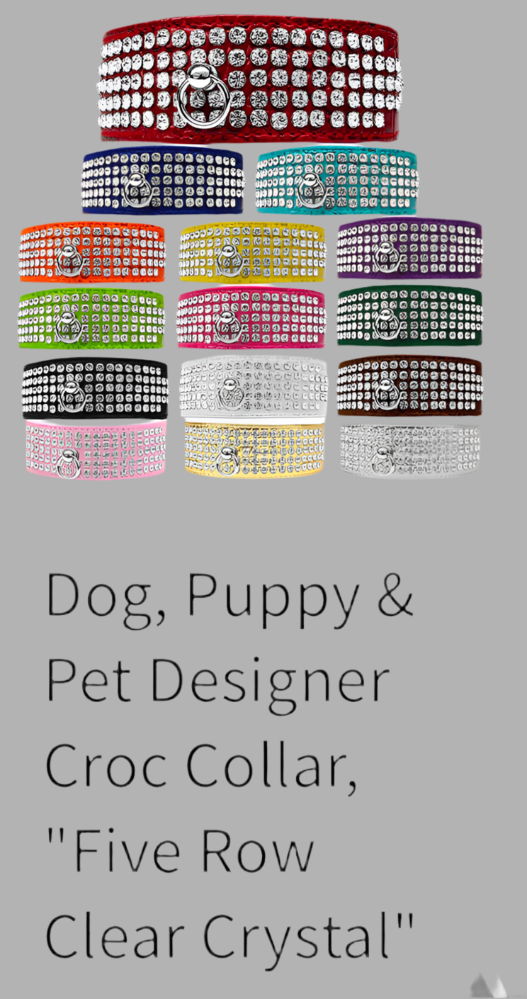 Dog, Puppy & Pet Designer Croc Collar, "Five Row Clear Crystal",