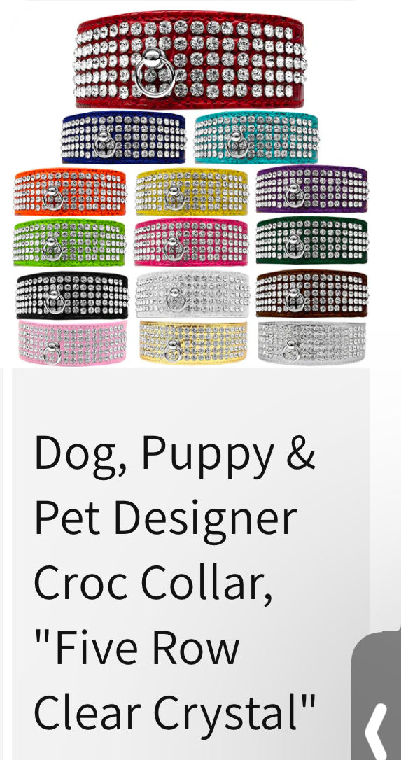 Dog, Puppy & Pet Designer Croc Collar, "Five Row Clear Crystal",